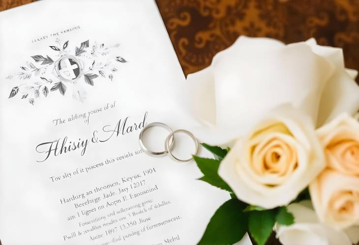 Elegant White Rose Bouquet and Wedding Rings on a Beautiful Invitation