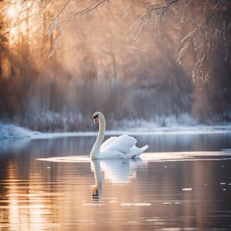 Elegant White Swan Floating Alone in Snowy Winter Lake During Sunrise