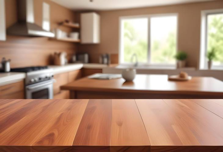 Elegant Wooden Table top in Modern Kitchen with Blurred Background for Product Showcase