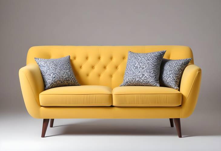 Elegant Yellow Retro Sofa with Wooden Legs, Isolated on Plain White Background