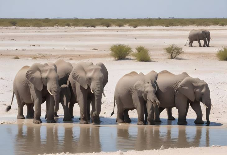 Elephant Families at the Waters Edge Majestic African Elephants in Etosha National Park, Namibia