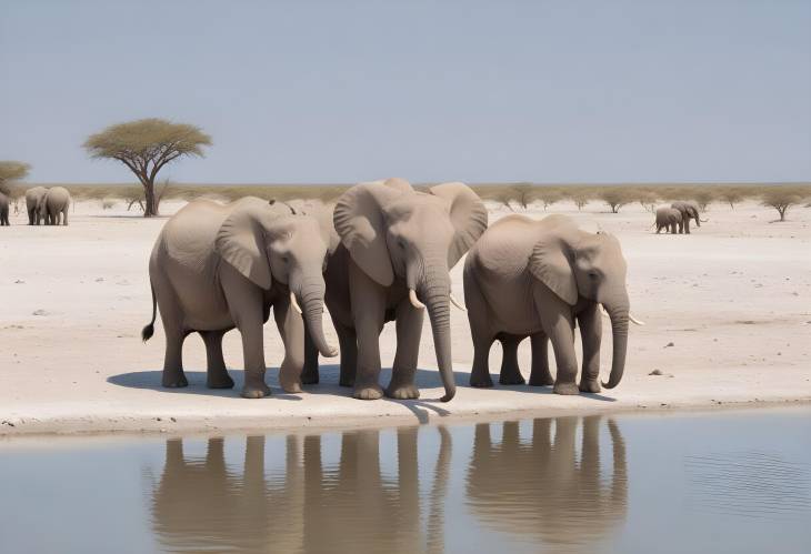 Elephant Herds at Etosha Families by the Lake Quenching Their Thirst in Namibia