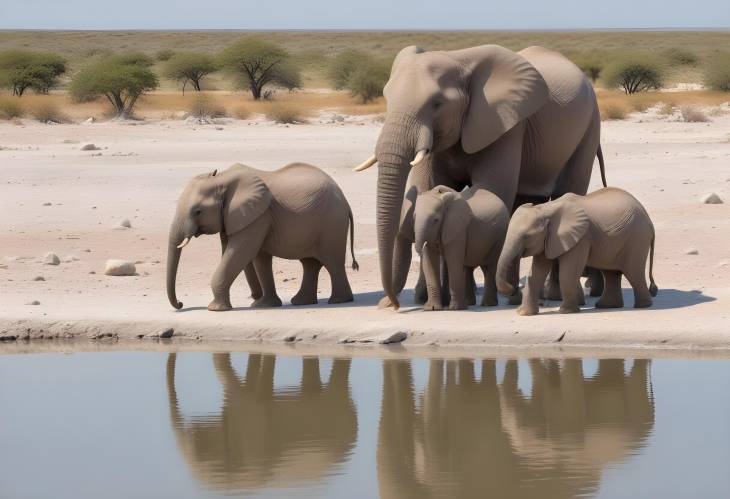 Elephants at the Waters Edge Families Drinking by the Lake in Etosha National Park, Namibia