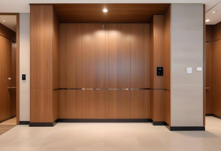 Elevator in modern lobby with wood finishing and stylish ground floor decor