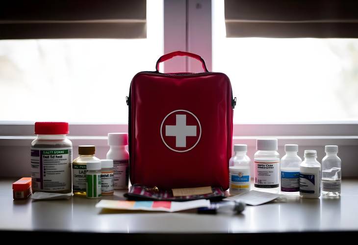 Emergency Medicines and First Aid Kit on Table with Window View Essential Health Supplies for Home