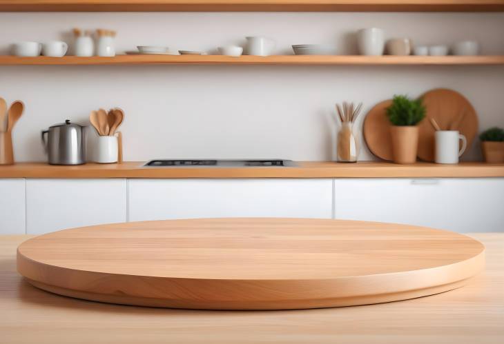 Empty Beautiful Round Wood Table top Counter in a Clean, Bright Kitchen Background Ready for Product