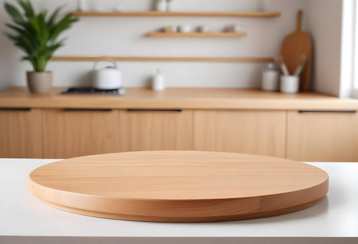 Empty Beautiful Round Wood Tabletop Counter on a Clean, Bright Kitchen Background Ready for Product