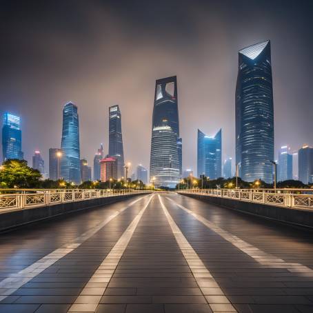 Empty City Square and Bridge A Quiet Night in Modern Shanghai