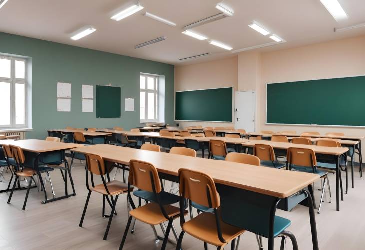 Empty classroom with backpacks and stationery, designed for a stylish and organized learning experi