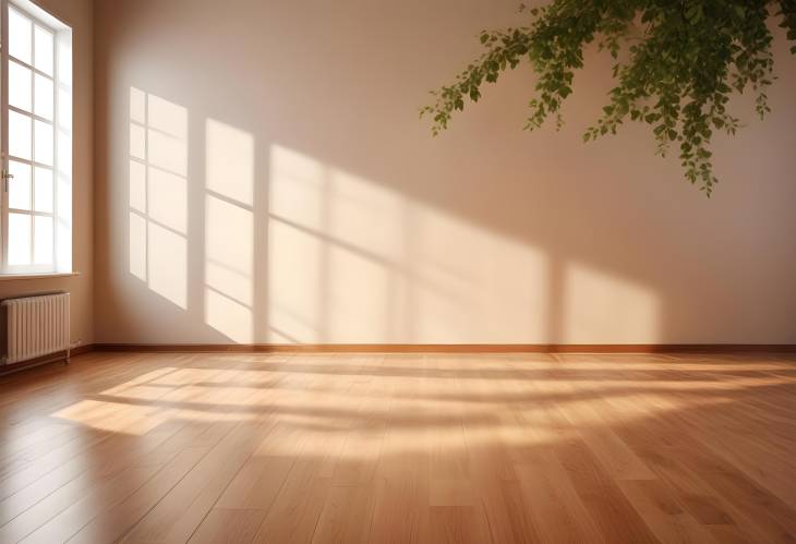 Empty Room with Sunlight and Leaf Shadows Cozy Summer Space on Wooden Parquet Floor for MockUp