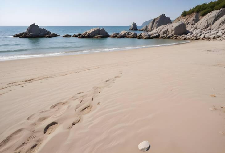 Empty Sandy Shore with Gray Rocks, Calm Summer Sea, Natural Backdrop, Ad Space, Front View