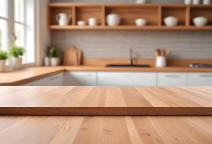 Empty wood table in modern kitchen with bokeh blur, perfect setting for clean product photography