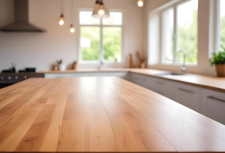 Empty wooden table top in bright, modern kitchen with blurred bokeh background, perfect for product