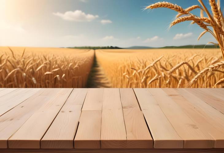 Empty wooden table with wheat field backdrop, ideal for rustic and organic product showcase