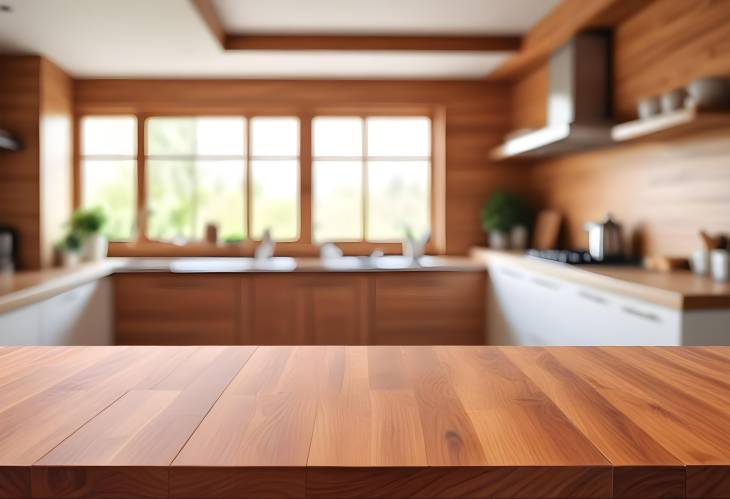 Empty Wooden Tabletop in Modern Kitchen Interior Perfect for Product Showcase