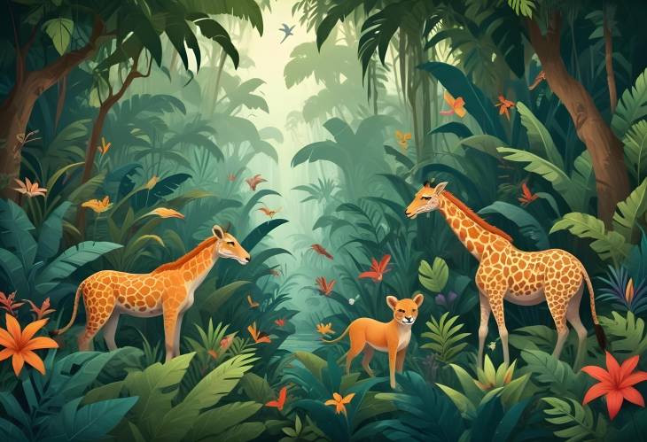 Enchanted Jungle Scene with Exotic Animals and Lush Foliage