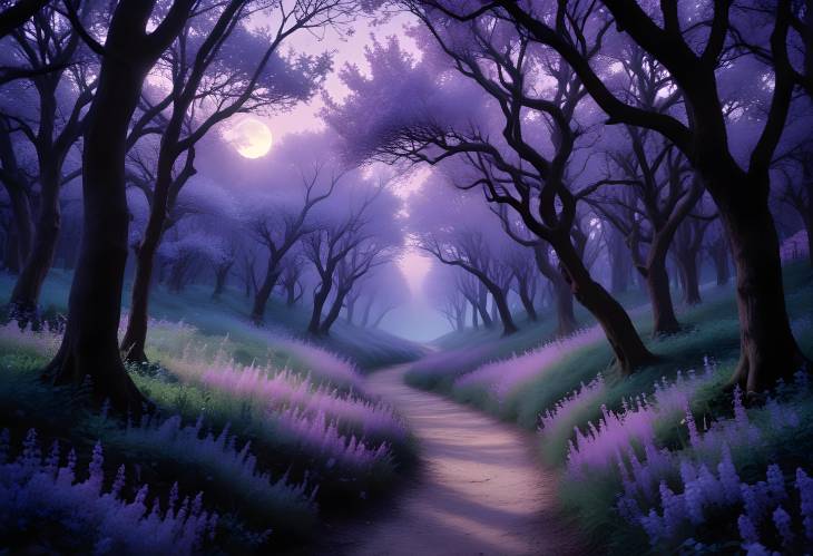 Enchanted Spring Forest with Road and Blossoming Lilac Trees