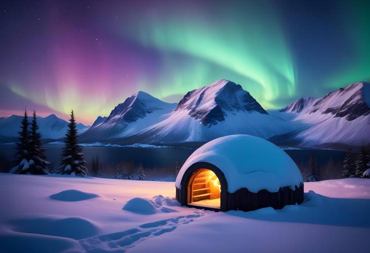 Enchanting Aurora Borealis Over Snowy Igloo and Winter Peaks Polar Lights in Wintry Landscape