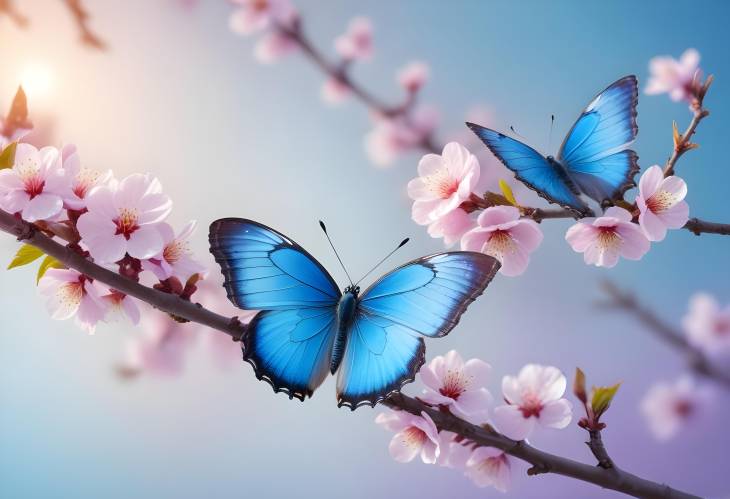 Enchanting Blue Butterfly Dancing Over Apricot Blossoms at Sunrise with a Light Blue