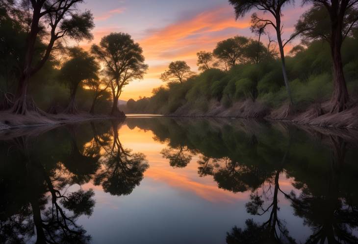 Enchanting Camecuaro Lake Sunset and Water Mirror Reflections with Lush Trees and Natural Spring i