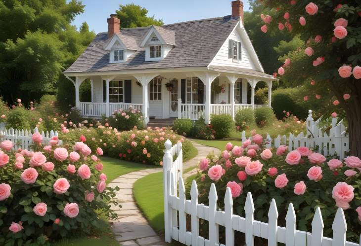 Enchanting Cottage Garden with Roses, Winding Paths, and a Charming White Fence