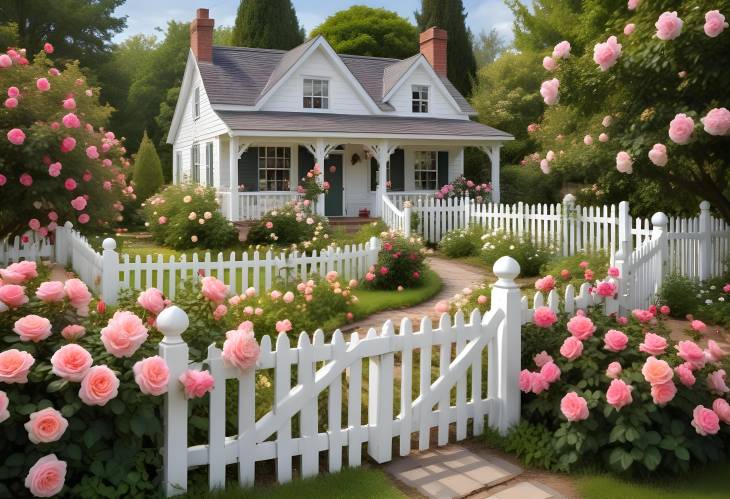 Enchanting Cottage Garden with Roses, Winding Paths, and a White Picket Fence