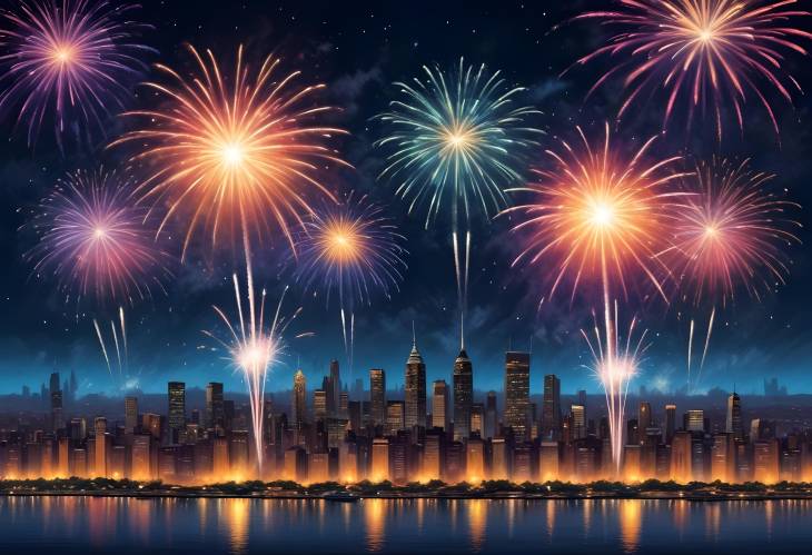 Enchanting Fireworks Display Vibrant Night Sky Over a Majestic Cityscape