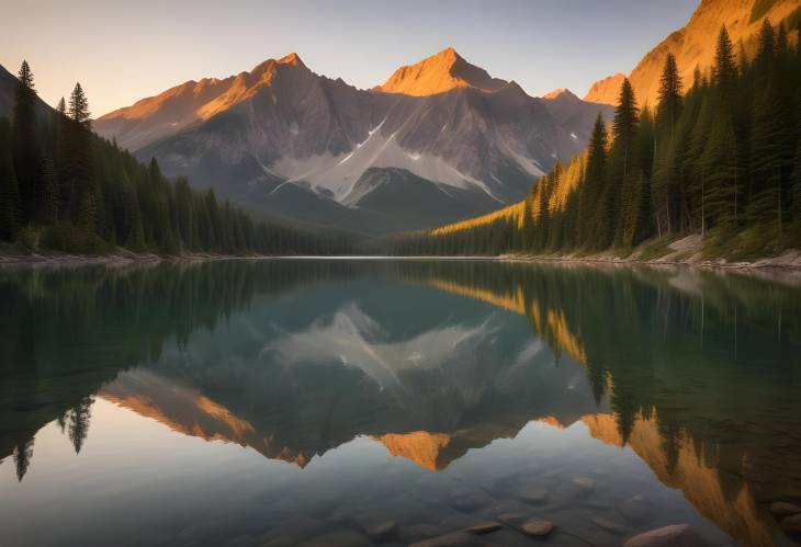 Enchanting Golden Hour Glow Over a Serene Mountain Lake with Majestic Peaks and Calm Reflections