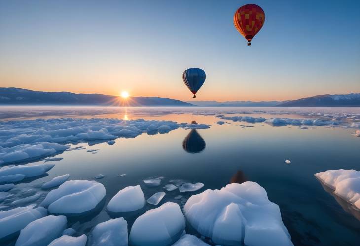 Enchanting Hot Air Balloon Flight Over Baikal Lake Winter Sunrise and Blue Ice Hummocks