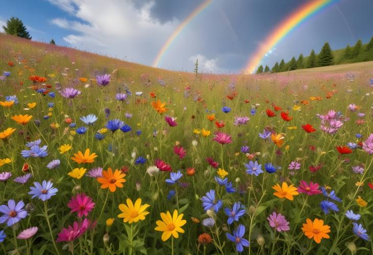 Enchanting Meadow Filled with Wildflowers in a Spectrum of Colors and Butterflies Flitting About