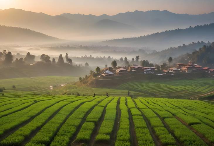 Enchanting Morning Scene of Agricultural Fields in Kathmandu, Nepal