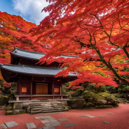 Enchanting Red Maple Leaves Surrounding Homangu Kamado Shrine Autumn in Fukuoka, Japan