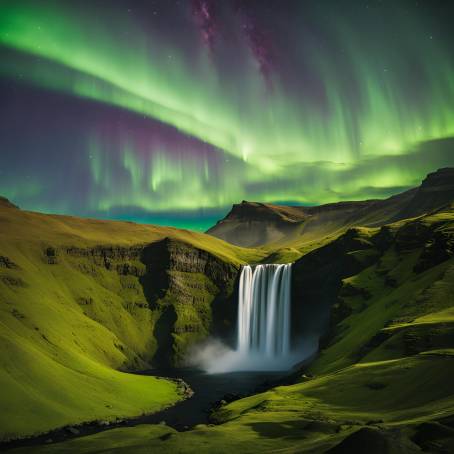 Enchanting Skogafoss Waterfall with Green Aurora Borealis Over Mountains