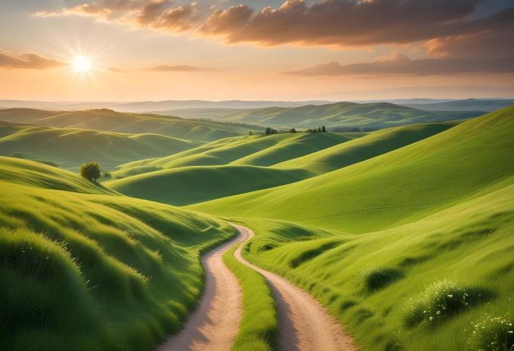 Enchanting Summer Meadow with Rolling Green Hills and a Bright Sunlit Path