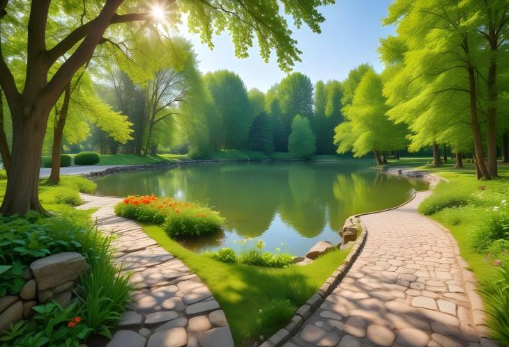 Enchanting Summer Spring Park Landscape Featuring a Lake, Green Trees, and a Stone Path in Sunlight