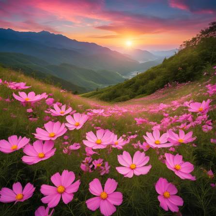 Enchanting Sunset and Blooming Pink Cosmos Flowers in a Mountain Landscape