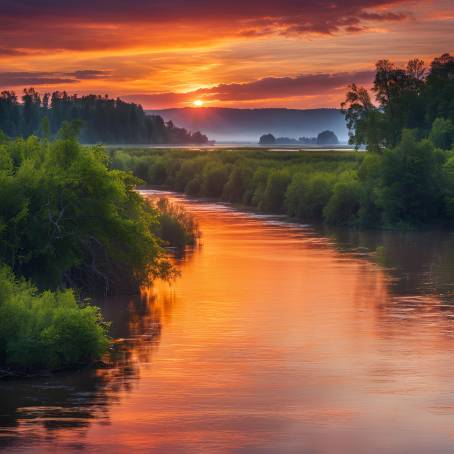 Enchanting Sunset and Sunrise Over Wide River Colorful Reflections