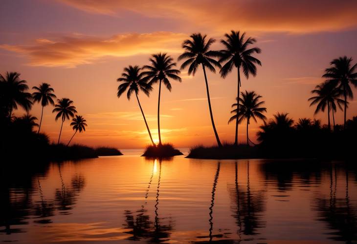 Enchanting Sunset Over Calm Waters with Silhouetted Palm Trees Framing a Serene and Relaxing Tropic