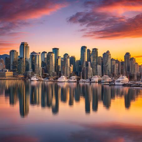 Enchanting Sunset Over Vancouver Downtown Skyline, British Columbia, Canada