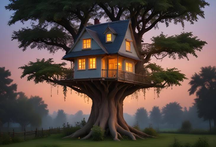 Enchanting Tree House in an Evening Garden A Cozy Hideaway Amidst Nature