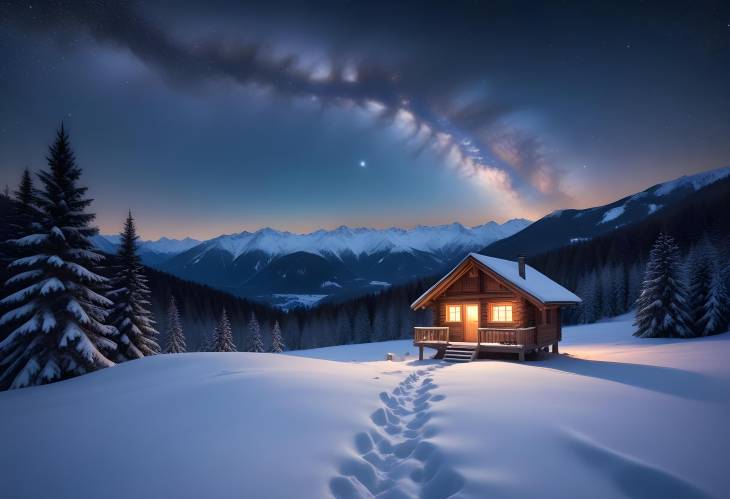 Enchanting Winter Landscape Snowy Hut with Milky Way and Wooden House Christmas Holiday