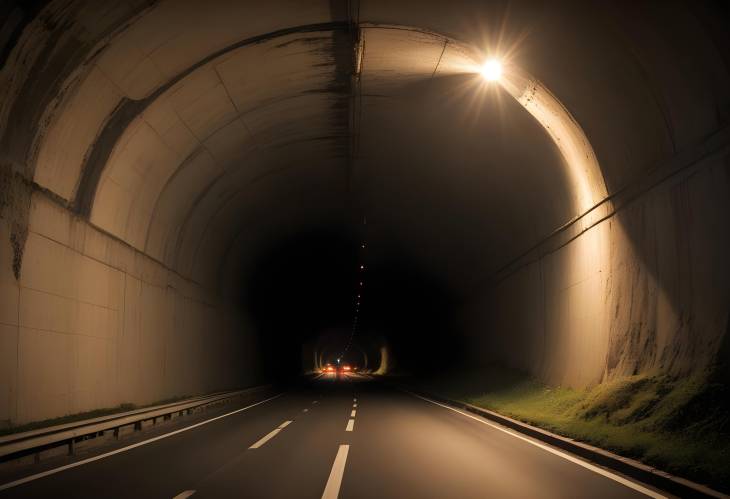 End of the Road Light at the Tunnels End and Traffic Flowing in Urban Streets