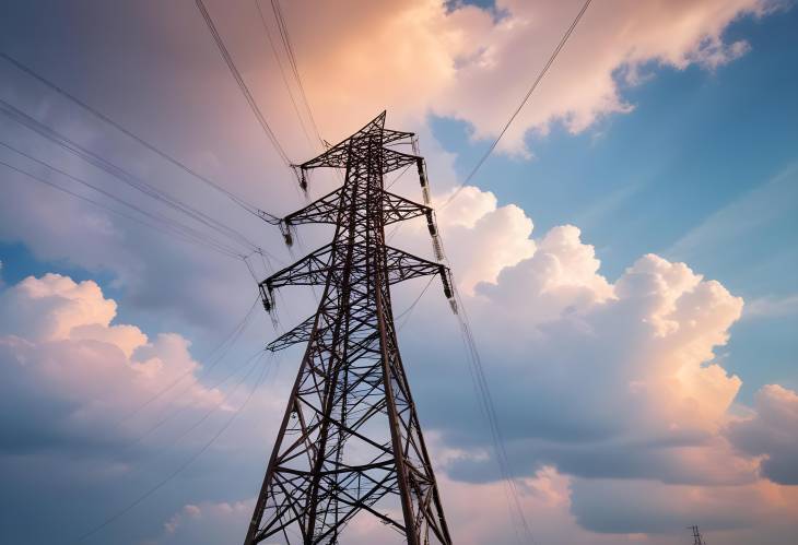 Energy Transmission High Voltage Tower and Power Lines Against the Sky