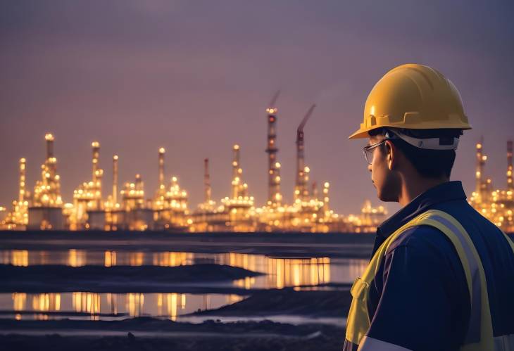 Engineering Mastery Overseeing Petrochemical and Construction Sites at Dusk