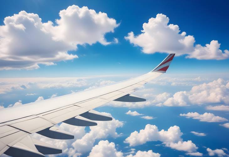 Enhanced Color Airplane Wing and Sky with Puffy Clouds