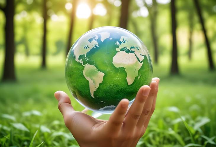 Environmental Protection Concept Man with Glass Globe Against Green Bokeh Background