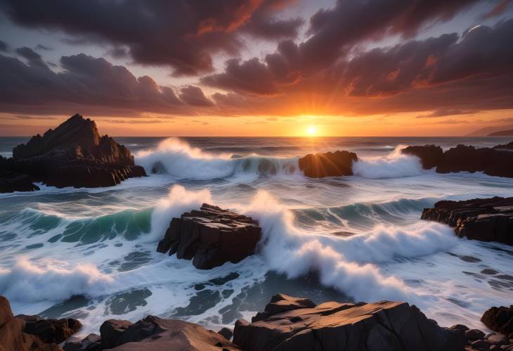 Epic Sunset Over Ocean with Waves Crashing Against Jagged Rocks