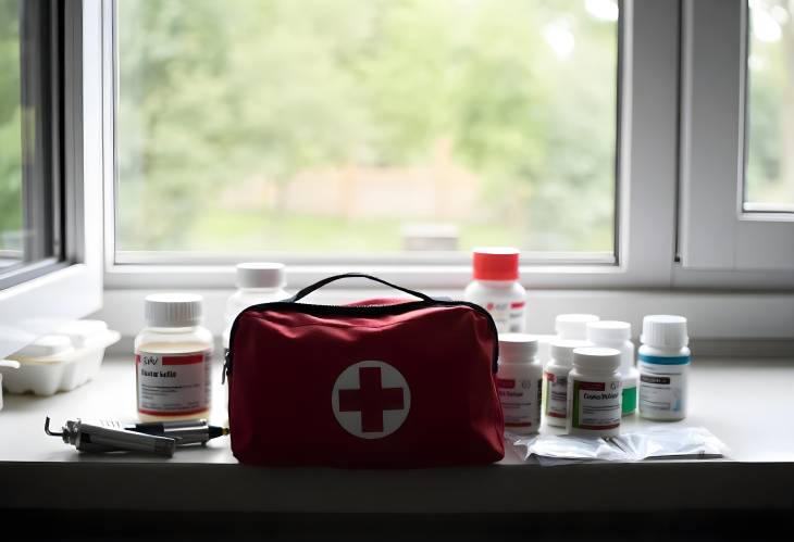 Essential First Aid Kit and Medicines on Table with Window in Background Home Health Care Supplies