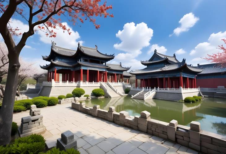 Eternal Harmony Ancient Chinese Garden Beneath a Blue Sky and White Clouds