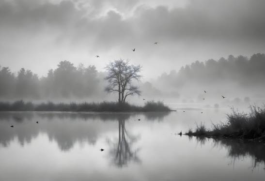 Ethereal Black and White Landscape with Birds in Misty Lake